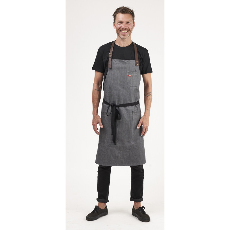 Grey denim apron with leather. bartenders, chef and waiters.