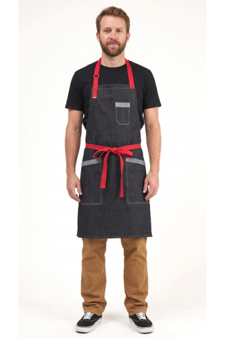 TABLIER EN JEAN-DENIM BLEU, LANIERES ROUGES